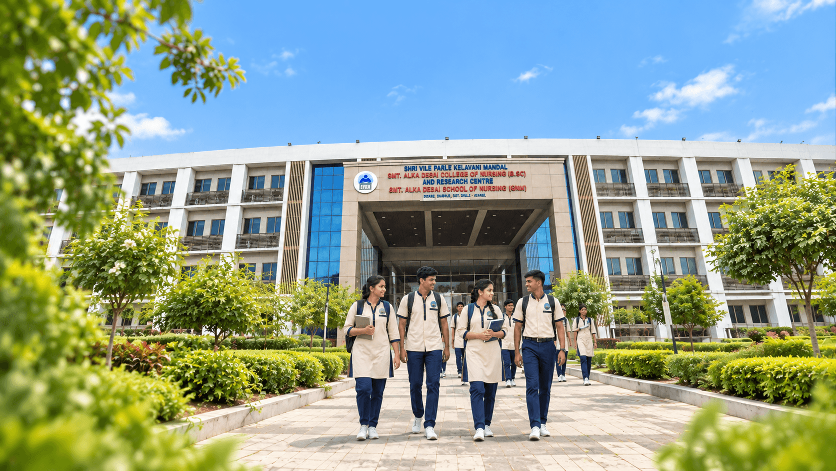 Students walking outside the college building